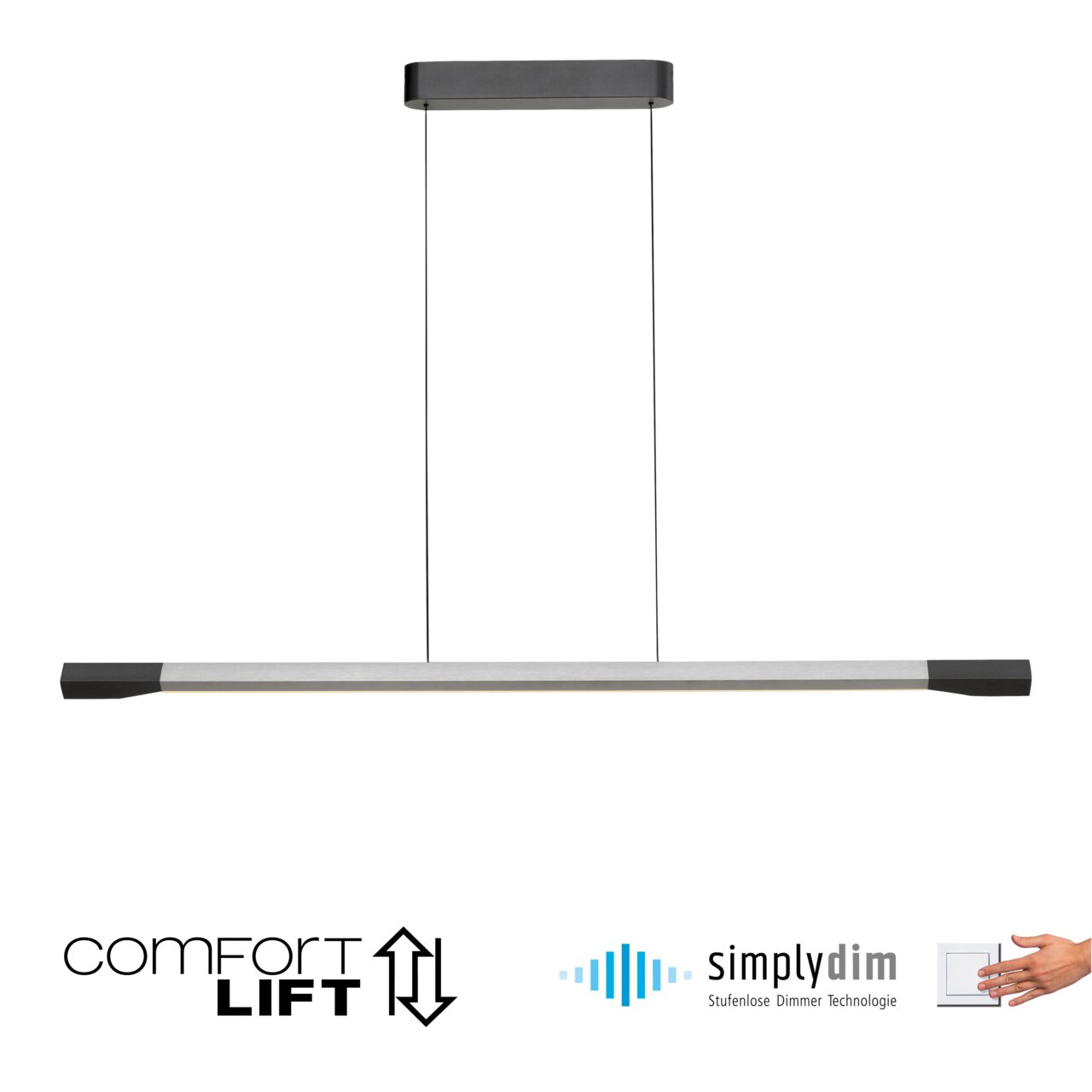 Moderne LED-Pendelleuchte mit Comfort Lift und Simply Dim Technologie, Frontalansicht
