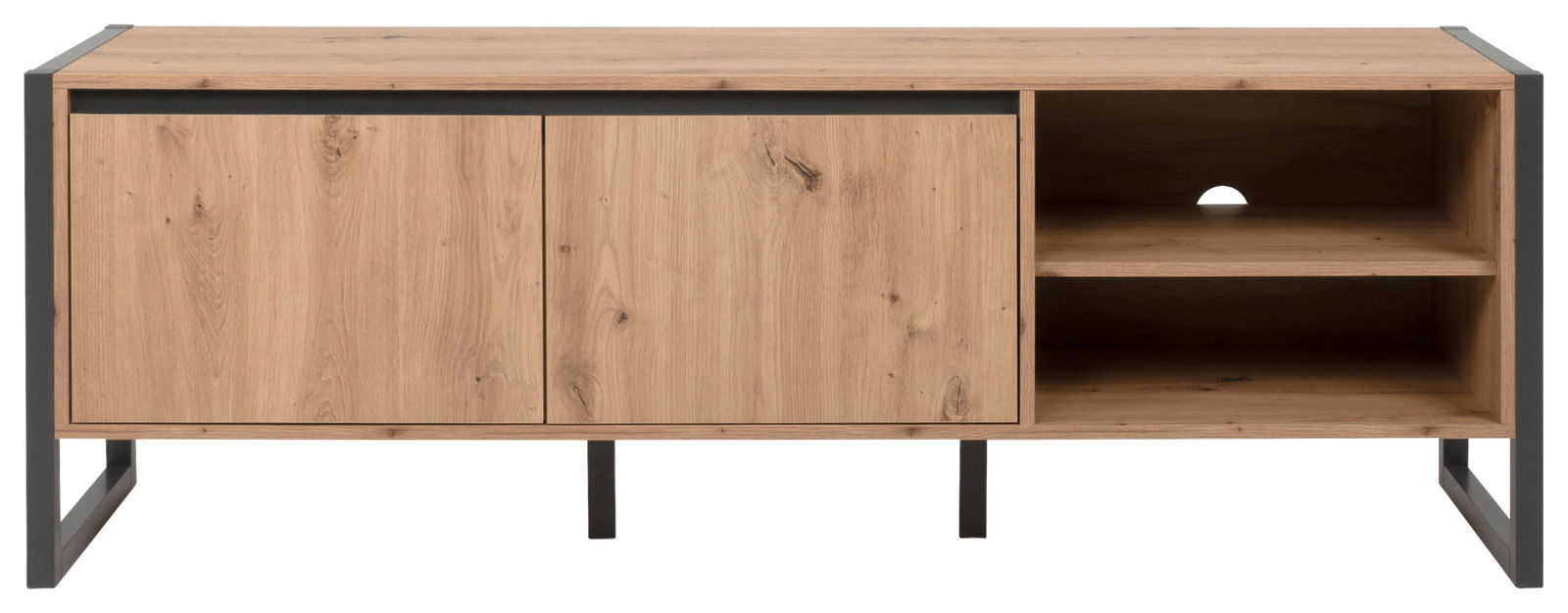 Frontansicht eines modernen TV-Lowboards aus Holz mit zwei Türen und offenen Regalfächern.