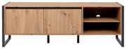 Frontansicht eines modernen TV-Lowboards aus Holz mit zwei Türen und offenen Regalfächern.