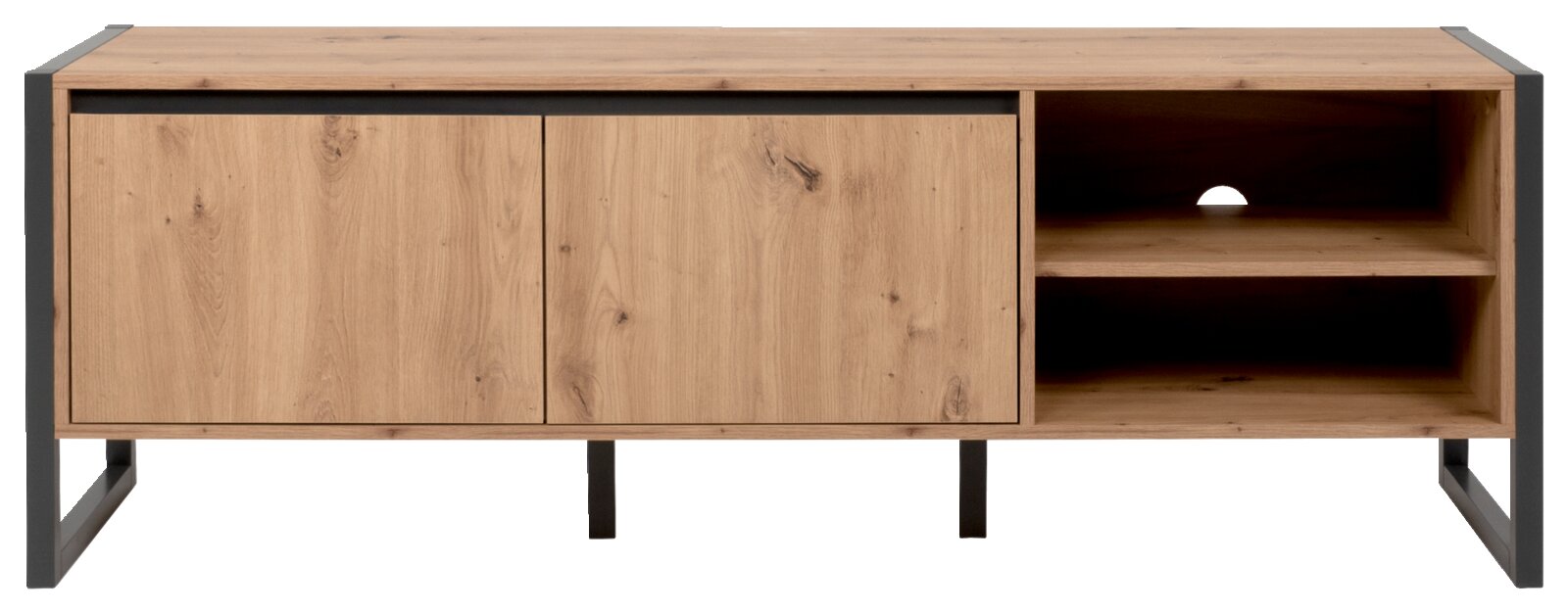 Vooraanzicht van een modern houten tv-kastje met twee deuren en open planken.