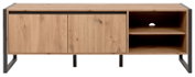 Vooraanzicht van een modern houten tv-kastje met twee deuren en open planken.