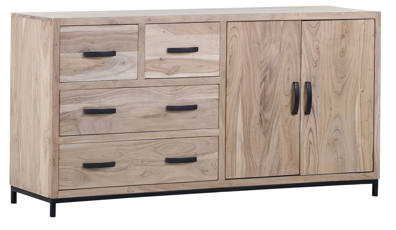 Holz-Sideboard mit vier Schubladen und zwei Türen, schwarze Griffe, seitliche Perspektive