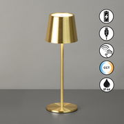 Goldene Akku-Tischleuchte ROXI mit zylindrischem Schirm, USB-Anschluss, Touch-Bedienung, CCT-Farbtemperaturregelung und IP44-Schutz, seitliche Perspektive.