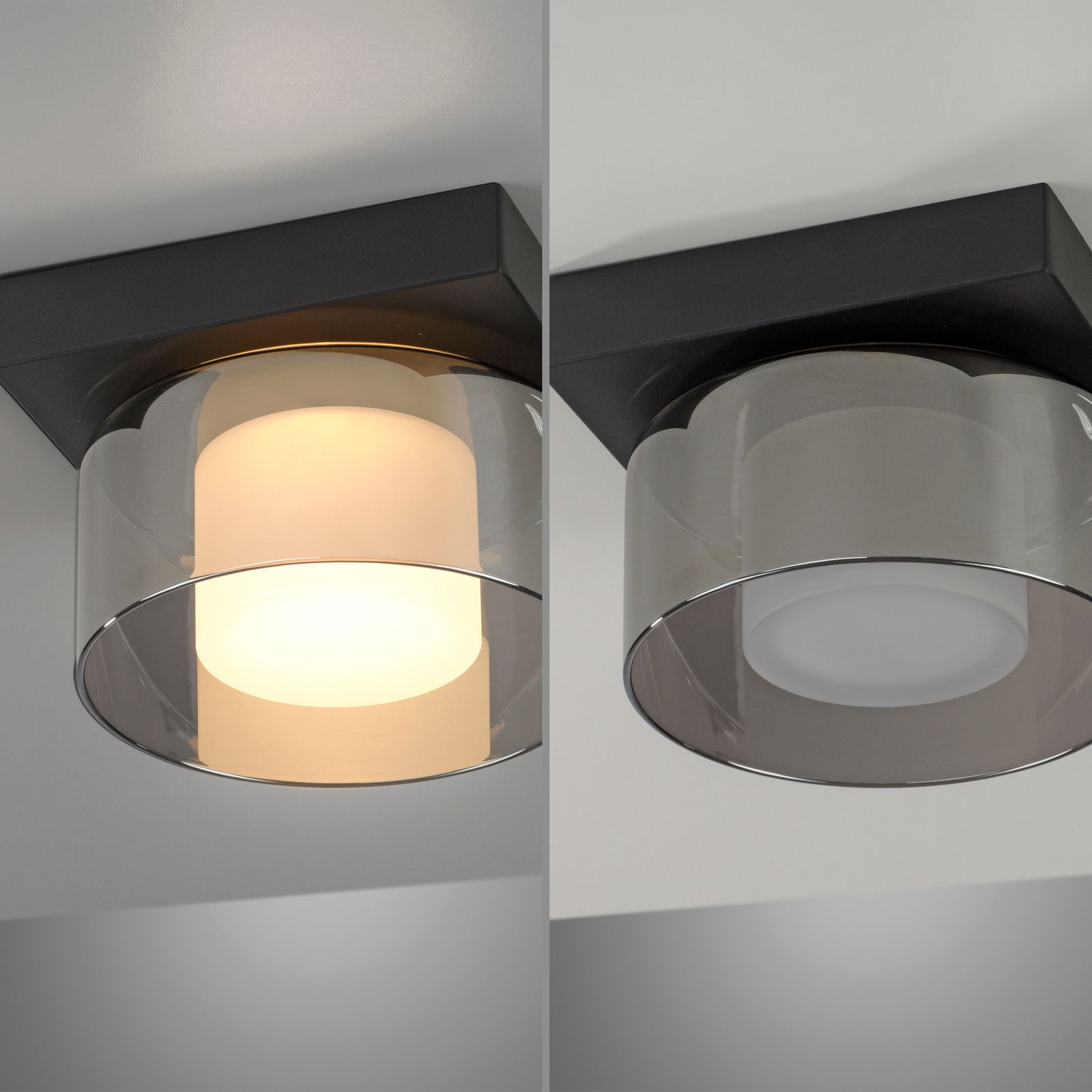 Moderne Deckenleuchte RIKA mit zylindrischem Glasdesign, gezeigt aus der Seitenperspektive, einmal beleuchtet und einmal ausgeschaltet.