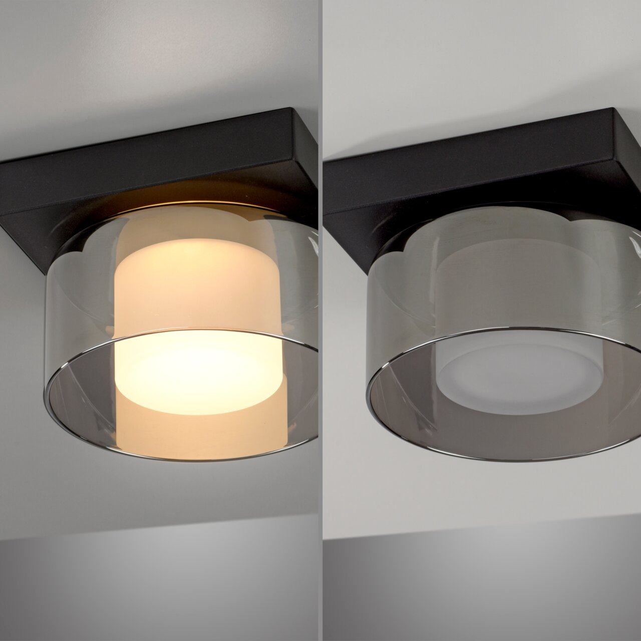 Moderne plafondlamp van RIKA met een cilindrisch glasontwerp, afgebeeld vanuit een zijaanzicht, eenmaal verlicht en eenmaal uitgeschakeld.