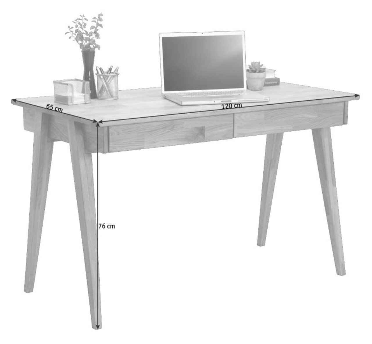 Moderner Schreibtisch aus Holz mit Laptop und Pflanzen, seitliche Perspektive