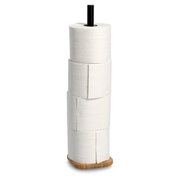 WC-Rollenhalter aus Holz mit vier aufgestapelten Toilettenpapierrollen, seitliche Perspektive