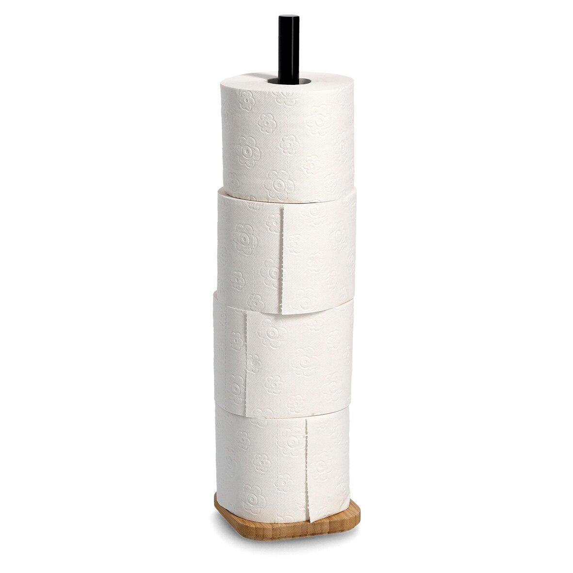 WC-Rollenhalter aus Holz mit vier aufgestapelten Toilettenpapierrollen, seitliche Perspektive