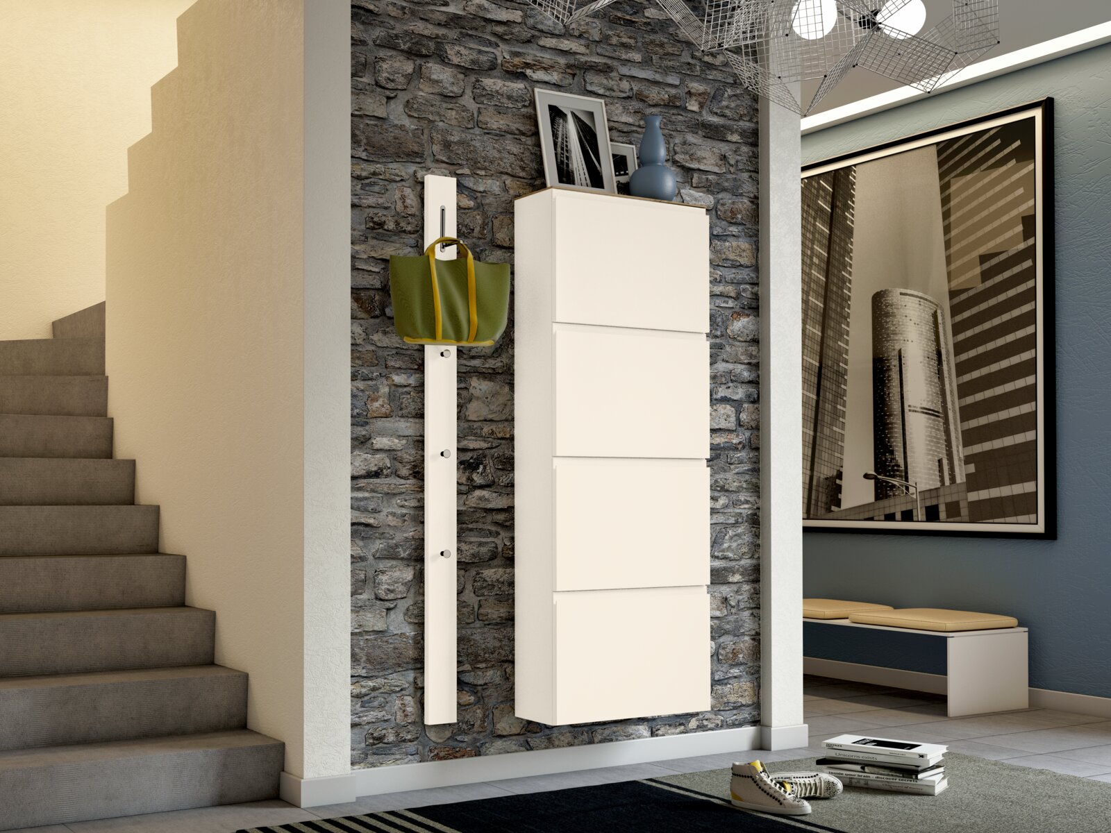 Garderobenset 80cm in einer modernen Wohnung, bestehend aus einem schmalen, weißen Schrank und einer Hakenleiste, an der eine grüne Tasche hängt. Perspektive von der Seite mit Blick auf eine Treppe und ein großes Wandbild.