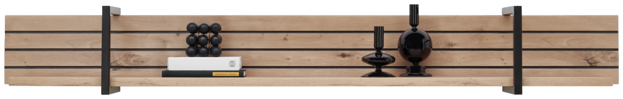 Wandboard aus Holz mit schwarzen Metallakzenten, dekoriert mit Büchern und schwarzen Vasen, frontal betrachtet.