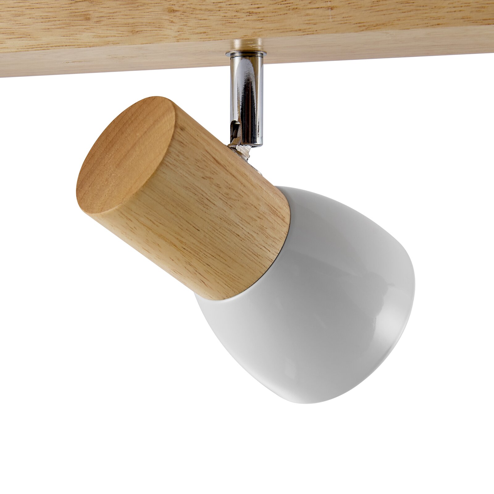 Moderner Strahler mit Holz- und Metallelementen, seitliche Perspektive