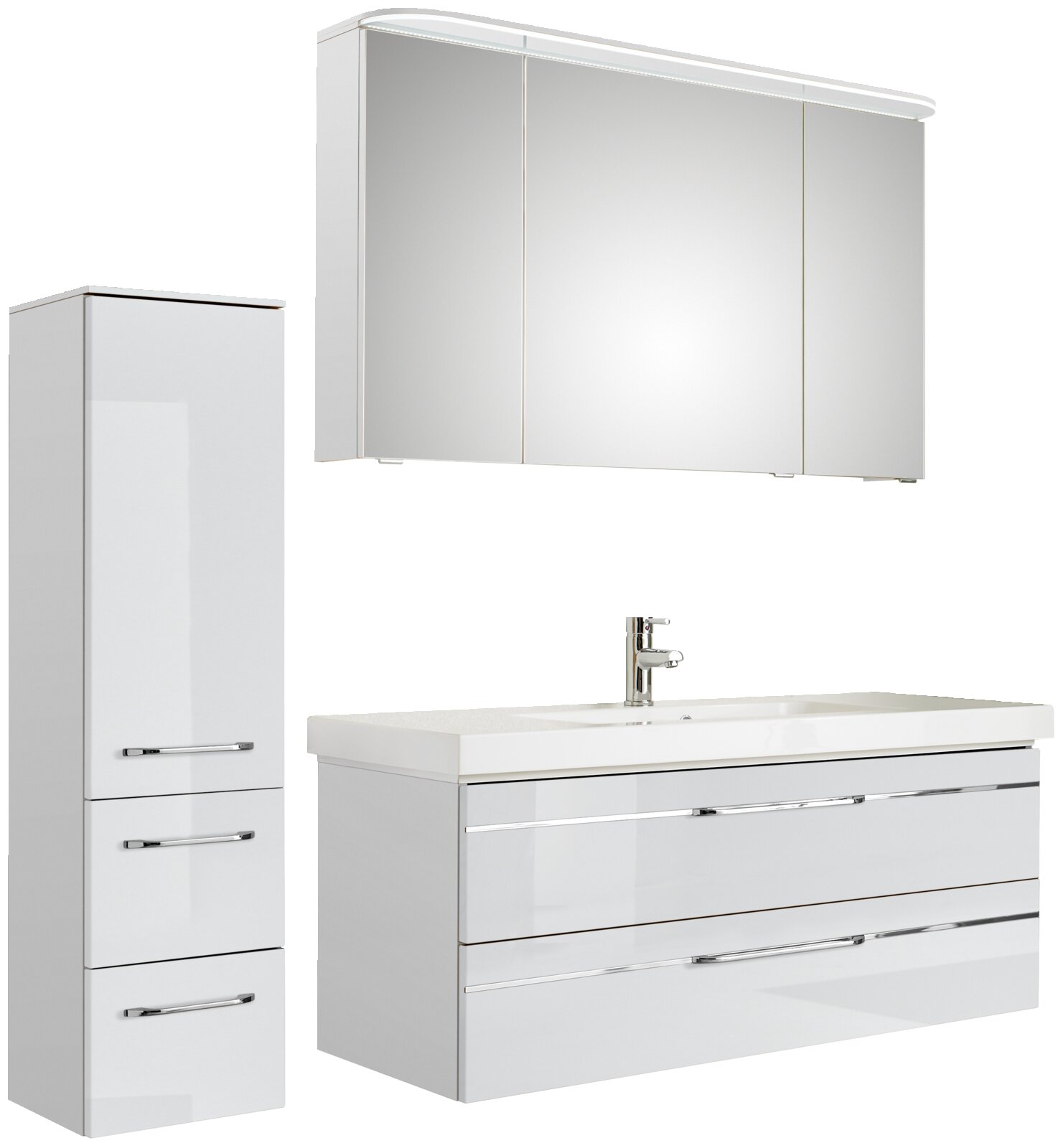 Pelipal Badblock BALTO SPRINT Moderner Badblock mit Spiegelschrank, Waschbeckenunterschrank und hohem Seitenschrank in glänzendem Weiß, Frontalansicht.