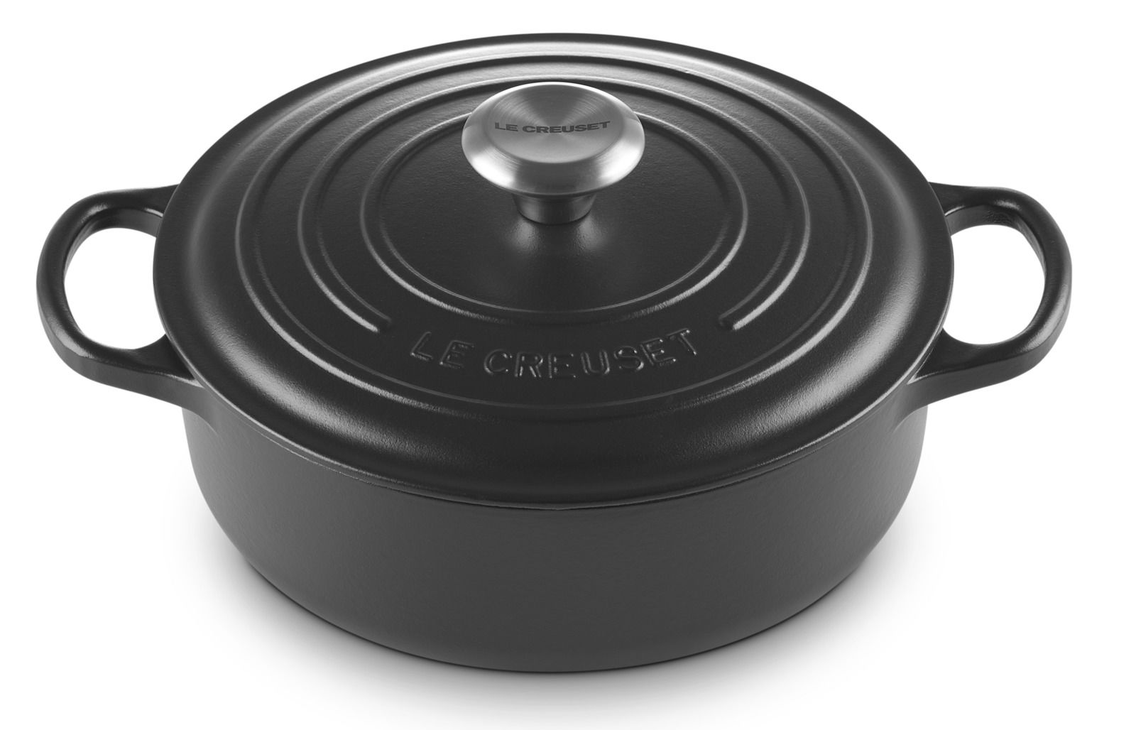 LE CREUSET Gourmet Bräter 24cm Schwarz SIGNATURE Schwarzer Gourmet-Bräter von oben mit zwei Griffen und einem runden Deckelknauf.