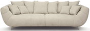 Beiges, gepolstertes 3-Sitzer-Sofa mit vielen Rückenkissen und schmalen Metallfüßen, Frontansicht auf weißem Hintergrund