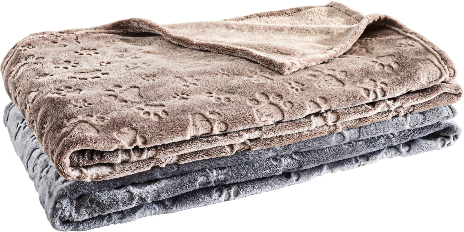 Esposa Wohndecke Zwei übereinander gestapelte Wohndecken mit Pfotenmuster, in den Farben Beige und Grau, aus seitlicher Perspektive fotografiert.