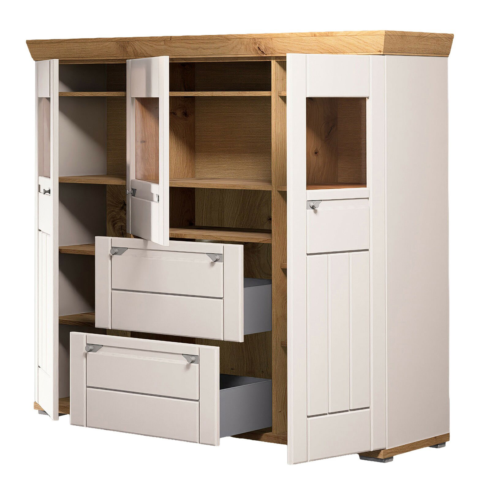 Highboard mit offenen Schubladen und Türen, aus hellem Holz und weißem Material, seitliche Perspektive