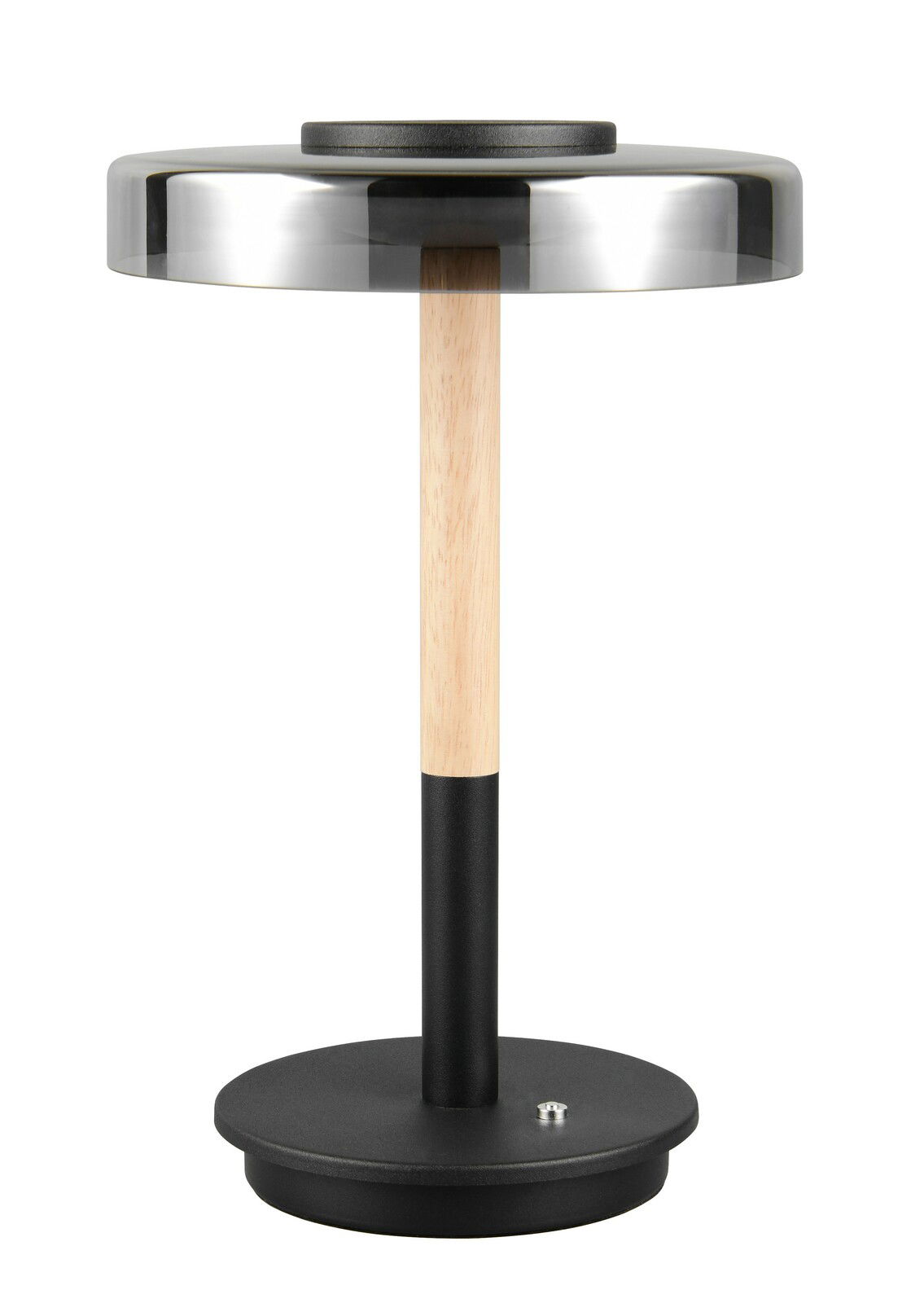 Moderne Tischleuchte Celeste mit rundem, schwarzem Sockel, hellem Holzstab und silbernem Lampenschirm, seitliche Perspektive.