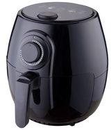 Schwarze Heißluft-Fritteuse mit 3,5 Liter Fassungsvermögen, seitliche Perspektive, zeigt Bedienknöpfe und Griff.