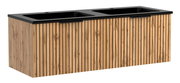 Waschtisch-Set mit zwei Waschbecken, Holzoptik und schwarzer Oberfläche, seitliche Perspektive