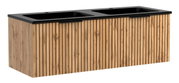 Waschtisch-Set mit zwei Waschbecken, Holzoptik und schwarzer Oberfläche, seitliche Perspektive