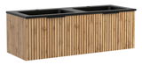 Waschtisch-Set mit zwei Waschbecken, Holzoptik und schwarzer Oberfläche, seitliche Perspektive