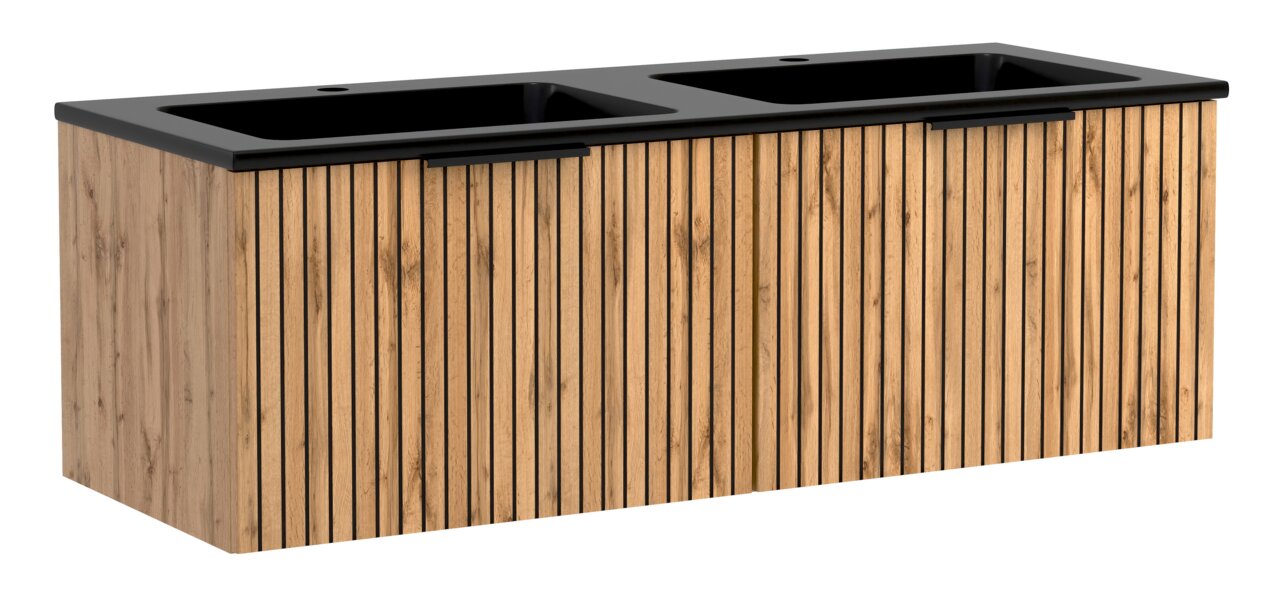 Waschtisch-Set mit zwei Waschbecken, Holzoptik und schwarzer Oberfläche, seitliche Perspektive