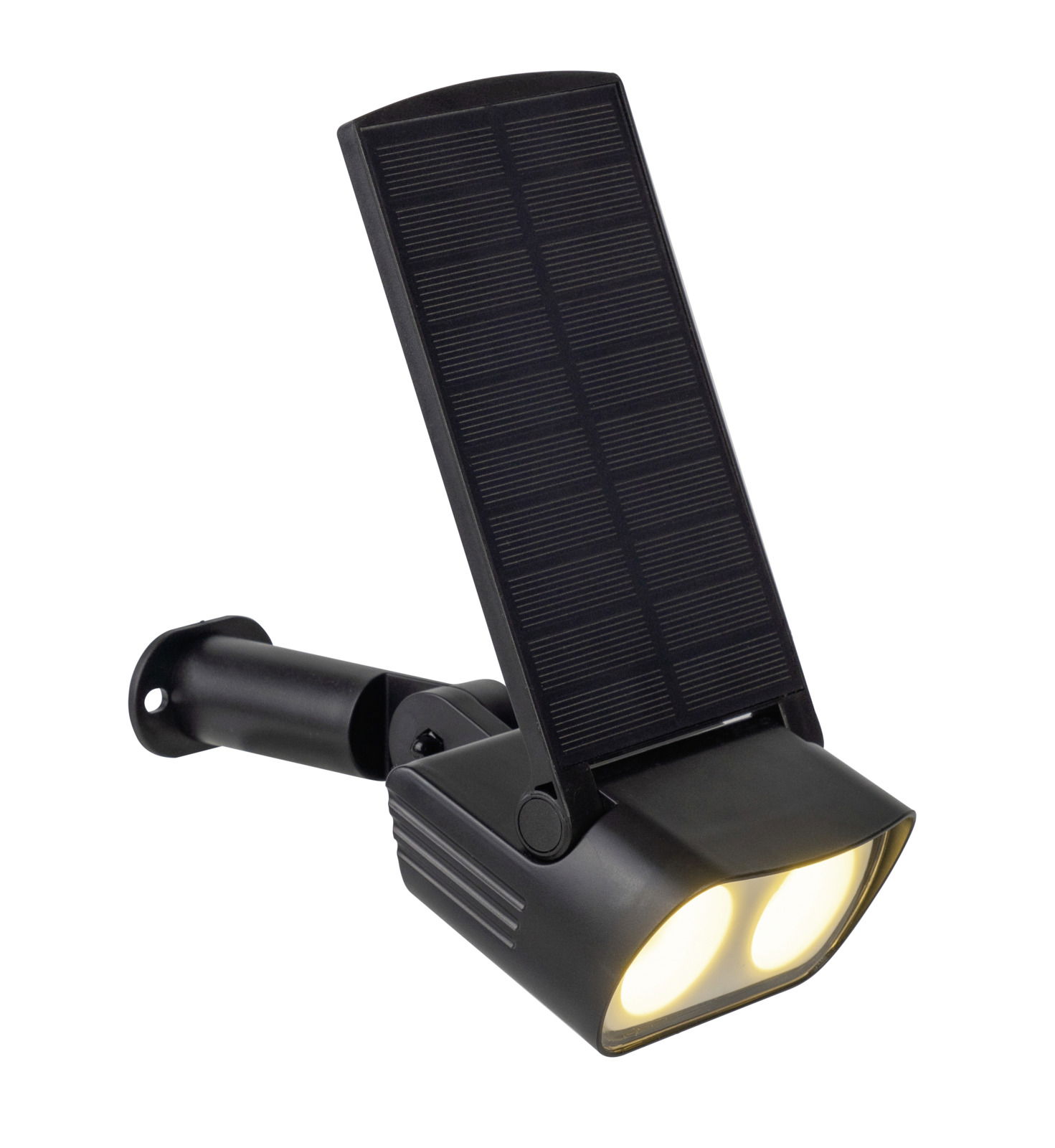 Schwarze Solarleuchte mit zwei LED-Lampen und einem verstellbaren Solarpanel, seitliche Perspektive