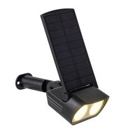 Schwarze Solarleuchte mit zwei LED-Lampen und einem verstellbaren Solarpanel, seitliche Perspektive