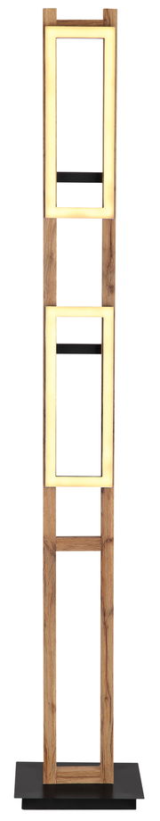 Moderne Stehleuchte aus Holz mit rechteckigen, leuchtenden Elementen, frontal betrachtet.