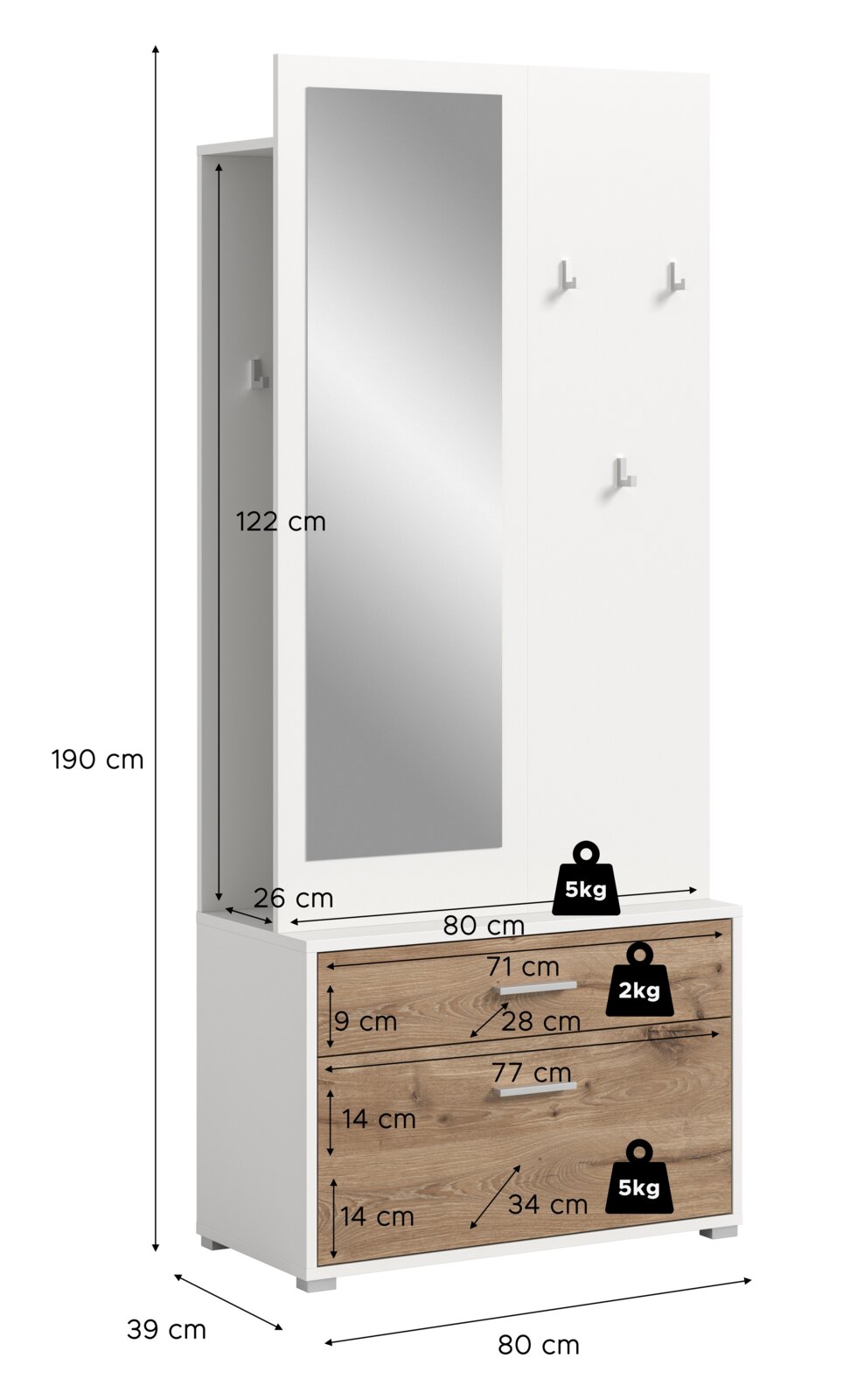 Garderobenkombination mit Spiegel und Haken, Frontansicht. Maße: 190 cm hoch, 80 cm breit, 39 cm tief. Enthält Schubladen mit Holzoptik.