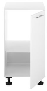 Weißer Spülenunterschrank mit geöffneter Tür, frontal betrachtet.