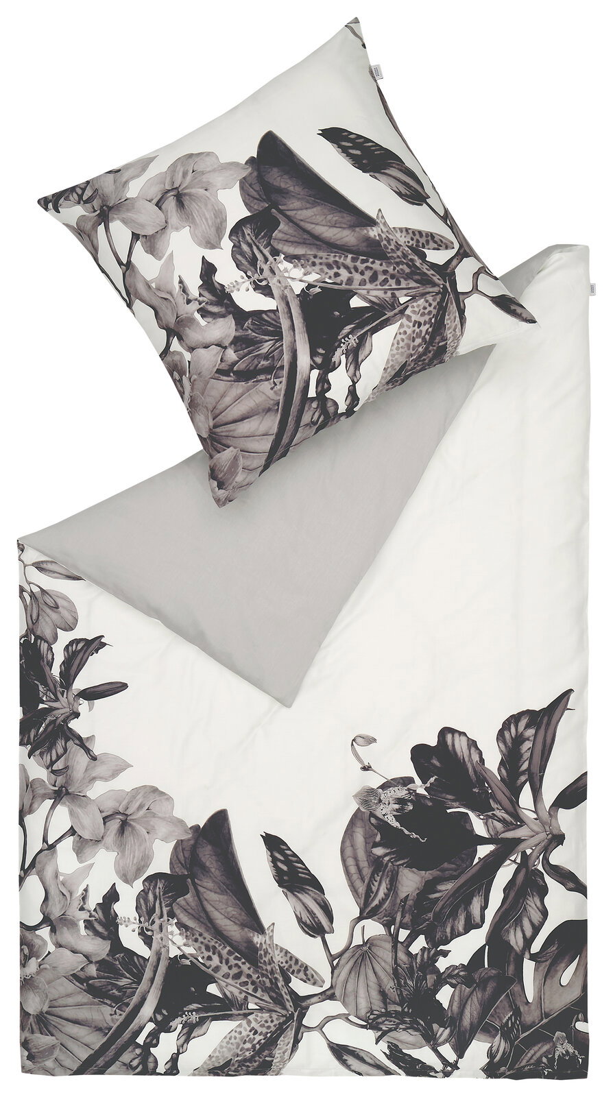 Satin-Bettwäsche 155x220 cm mit floralem Muster in Schwarz-Weiß, Draufsicht