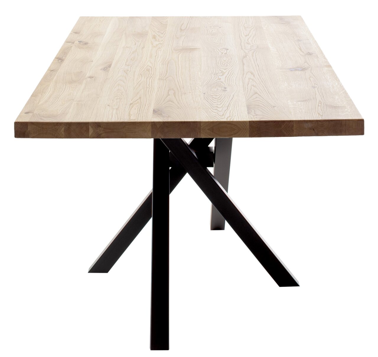 Moderner Esstisch mit Holzplatte und schwarzem Metallgestell, seitliche Perspektive
