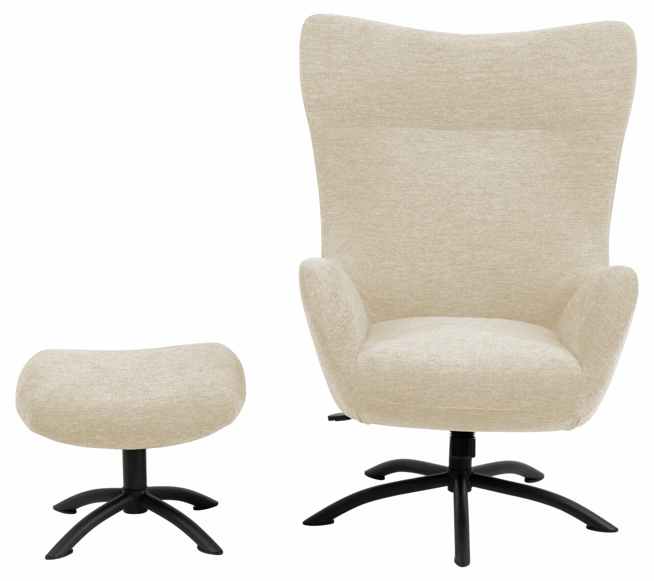 Beige loungestoel met voetenbankje, vooraanzicht, op een zwart metalen onderstel.