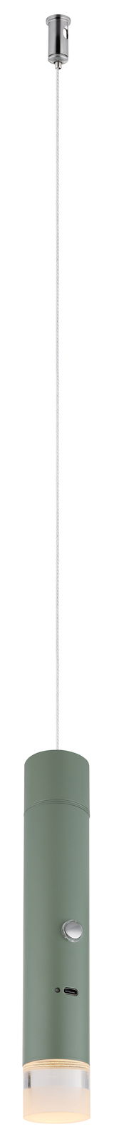 Grüne Akku-Pendelleuchte in zylindrischer Form, von der Seite betrachtet, mit silbernem Aufhängungselement und USB-Anschluss.
