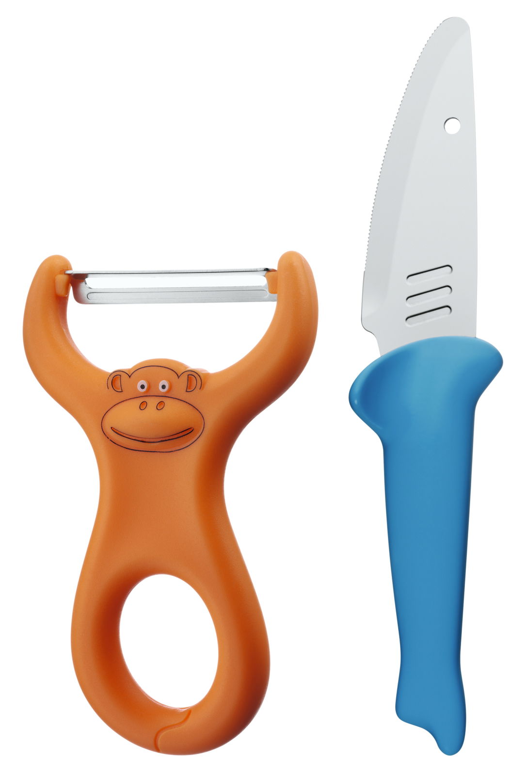 Koch-Set bestehend aus einem orangefarbenen Schäler mit Affenmuster und einem blauen Messer, frontal abgebildet.