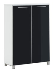 Hoch-Schuhkommode mit zwei schwarzen Türen und silbernen Griffen, seitliche Perspektive