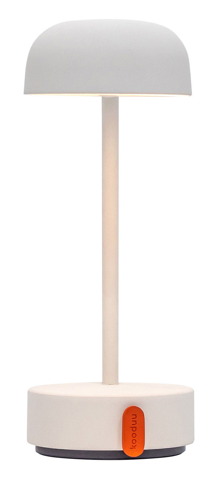 Moderne Tischlampe in Weiß mit rundem Schirm und zylindrischem Fuß, seitliche Ansicht