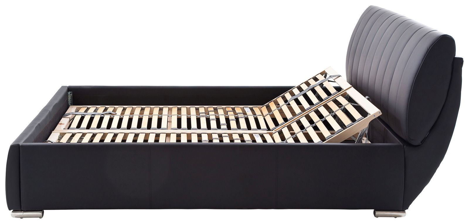 Seitliche Ansicht eines modernen Polsterbetts mit verstellbarem Lattenrost und gepolstertem Kopfteil.