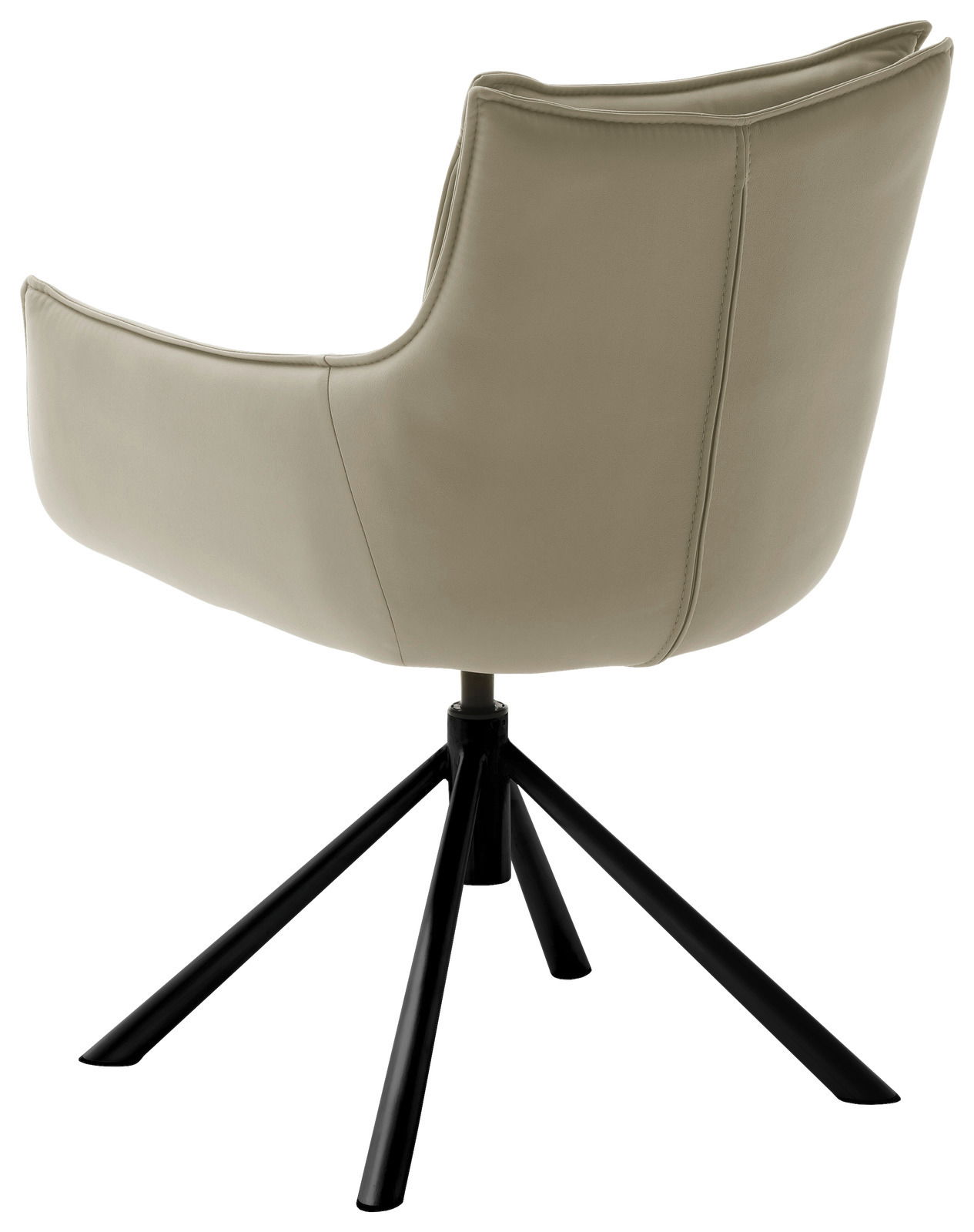 Rückansicht eines modernen Sessels mit beigem Lederbezug und schwarzem Metallgestell.