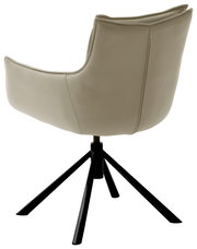 Rückansicht eines modernen Sessels mit beigem Lederbezug und schwarzem Metallgestell.