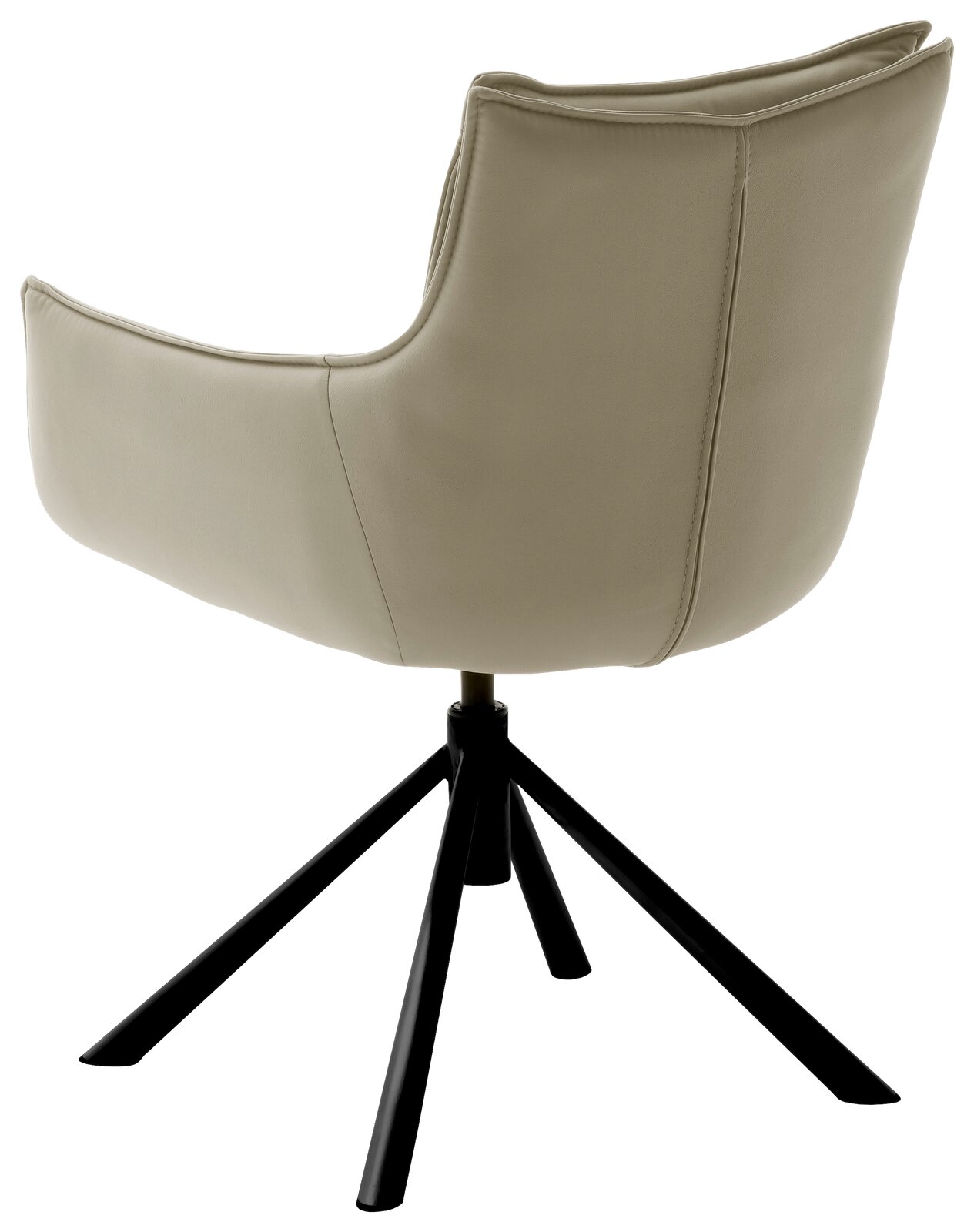 Rückansicht eines modernen Sessels mit beigem Lederbezug und schwarzem Metallgestell.