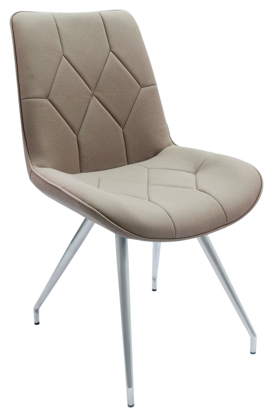 Moderner Stuhl mit gepolsterter Sitzfläche und Rückenlehne in Beige, auf silbernen Metallbeinen. Seitenansicht.