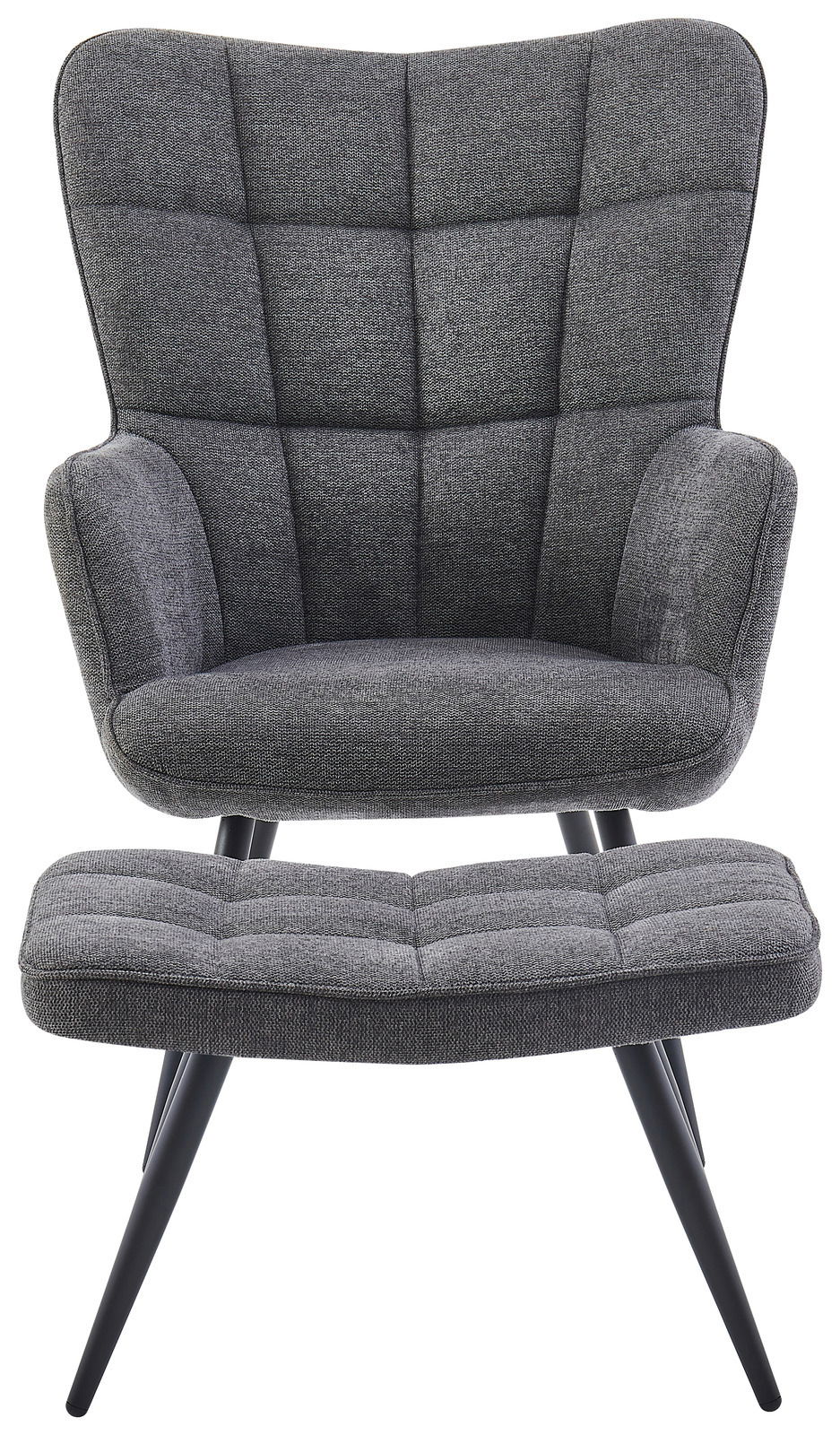 Grauer Sessel mit Hocker, Vorderansicht
