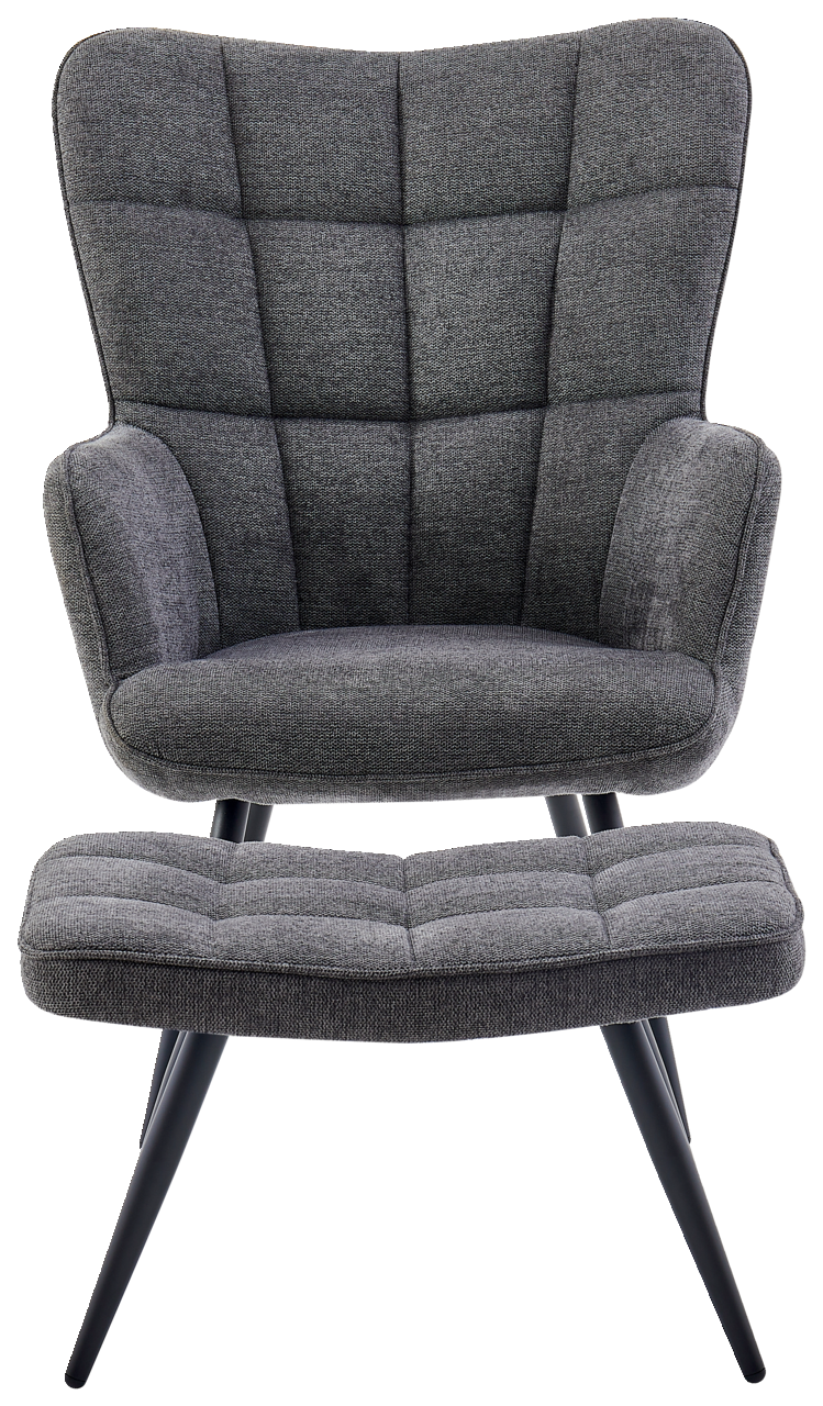 Grauer Sessel mit Hocker, Vorderansicht