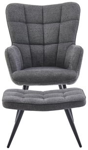 Grauer Sessel mit Hocker, Vorderansicht