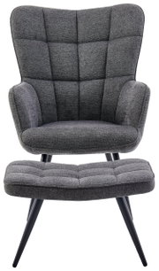 Grauer Sessel mit Hocker, Vorderansicht