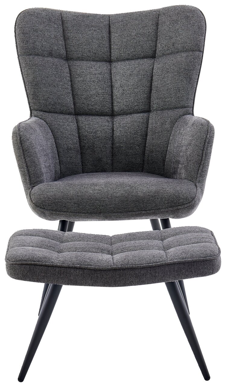 Grauer Sessel mit Hocker, Vorderansicht