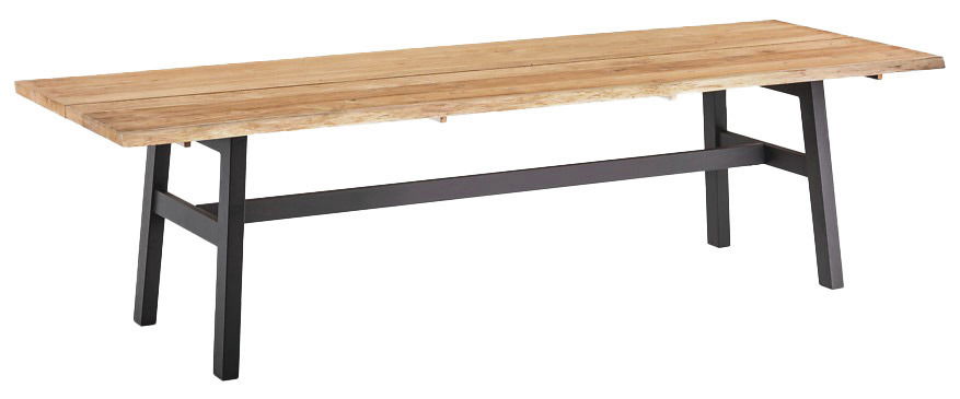 Langer Esstisch aus Holz mit schwarzem Metallgestell, seitliche Perspektive