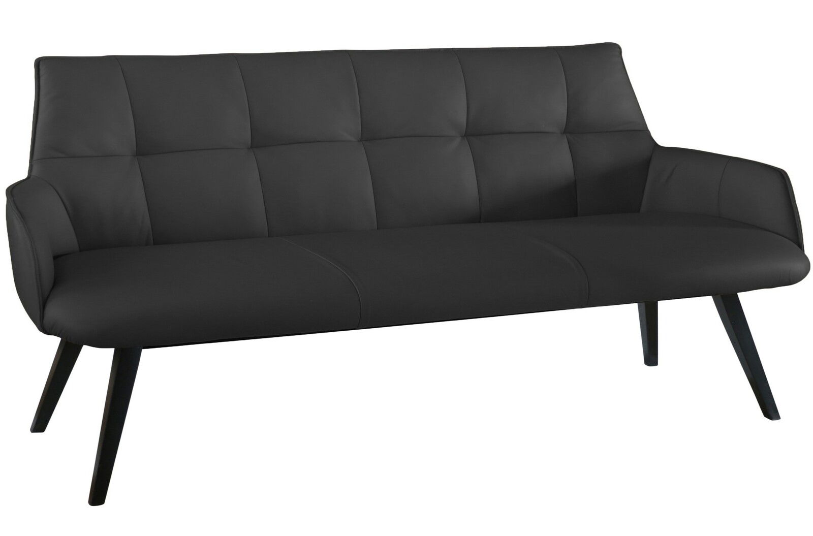 Novel Bank NIZZA Schwarze Bank mit gepolsterter Rückenlehne und Sitzfläche, seitliche Armlehnen, vier schräg gestellte Beine, Vorderansicht